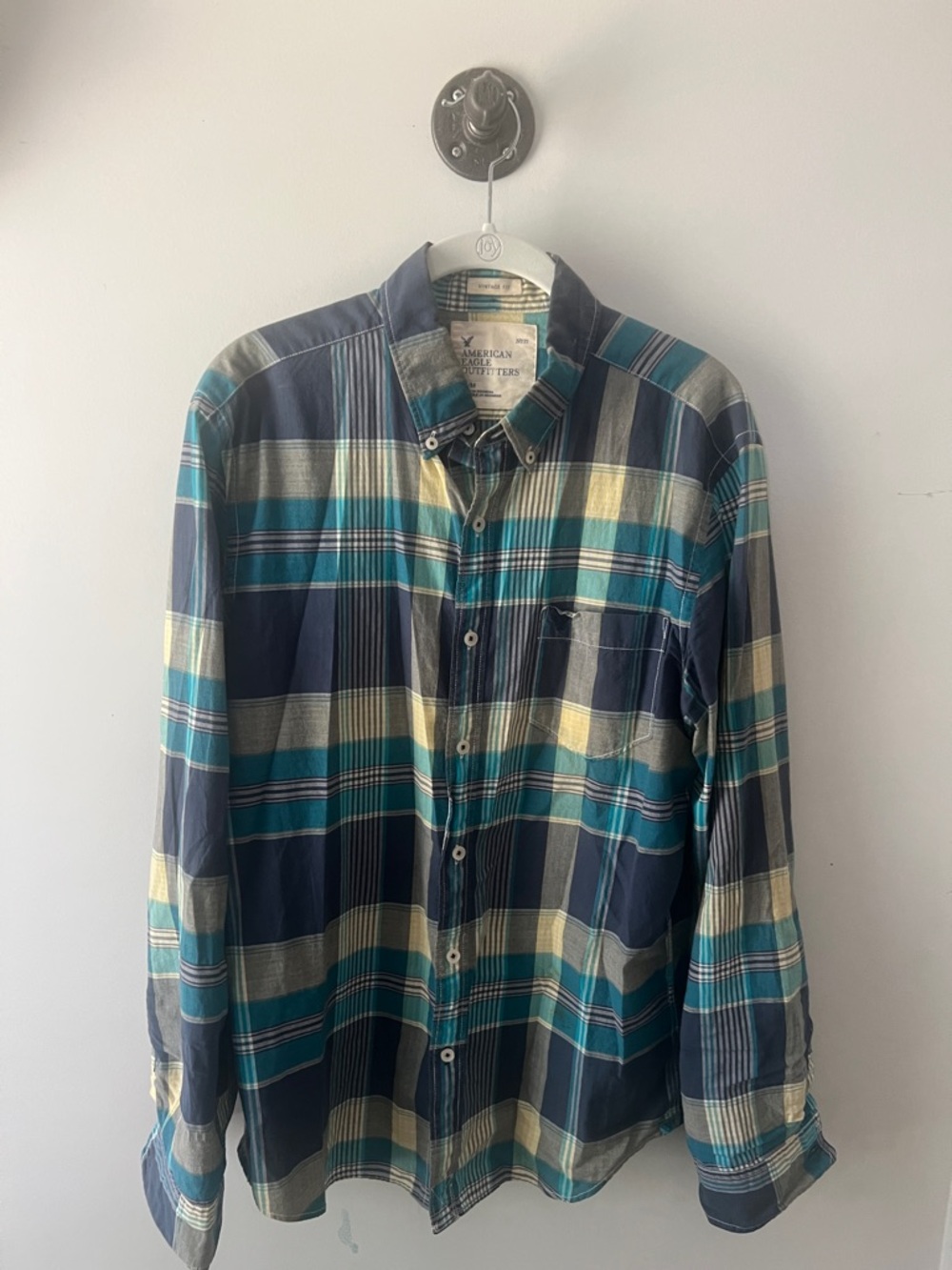 American Eagle Outfitters Teal, Navy & Cream Plaid Button-Down Shirt